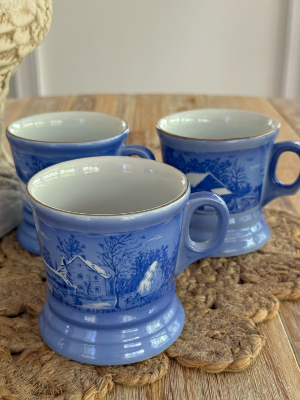 Vintage Currier & Ives Blue Winter Ceramic Mugs Set of Three